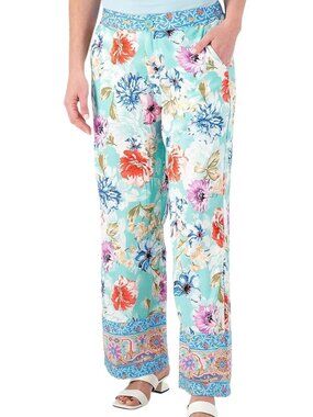 Pants 3X Blue Tolani Floral Lightweight Pockets Boho Slacks Beach Wide Leg Plus